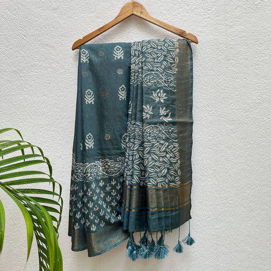 Dhatura Handblock Printed Cotton Silk Saree