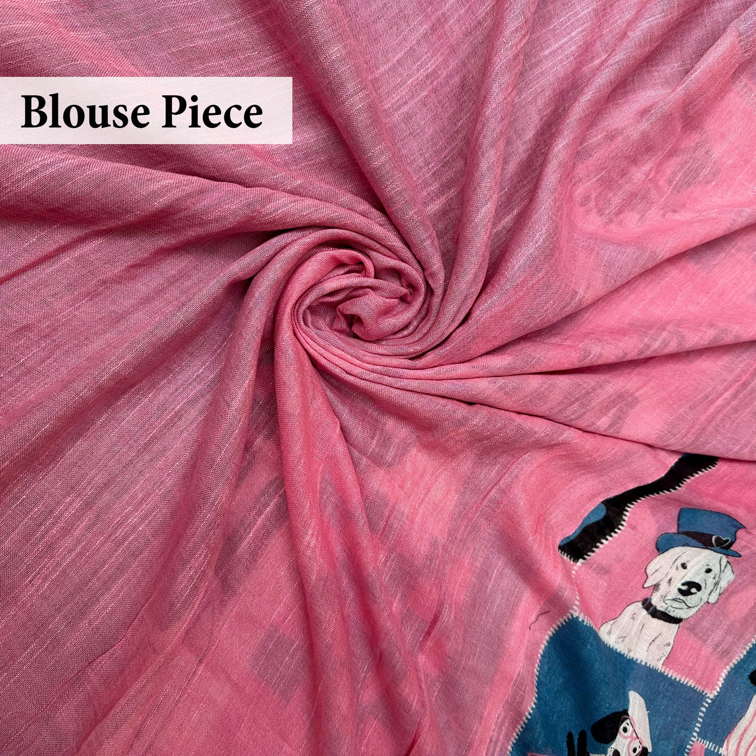 Dog Mom Actually pink blue patchwork dog print saree Plain pink Blouse