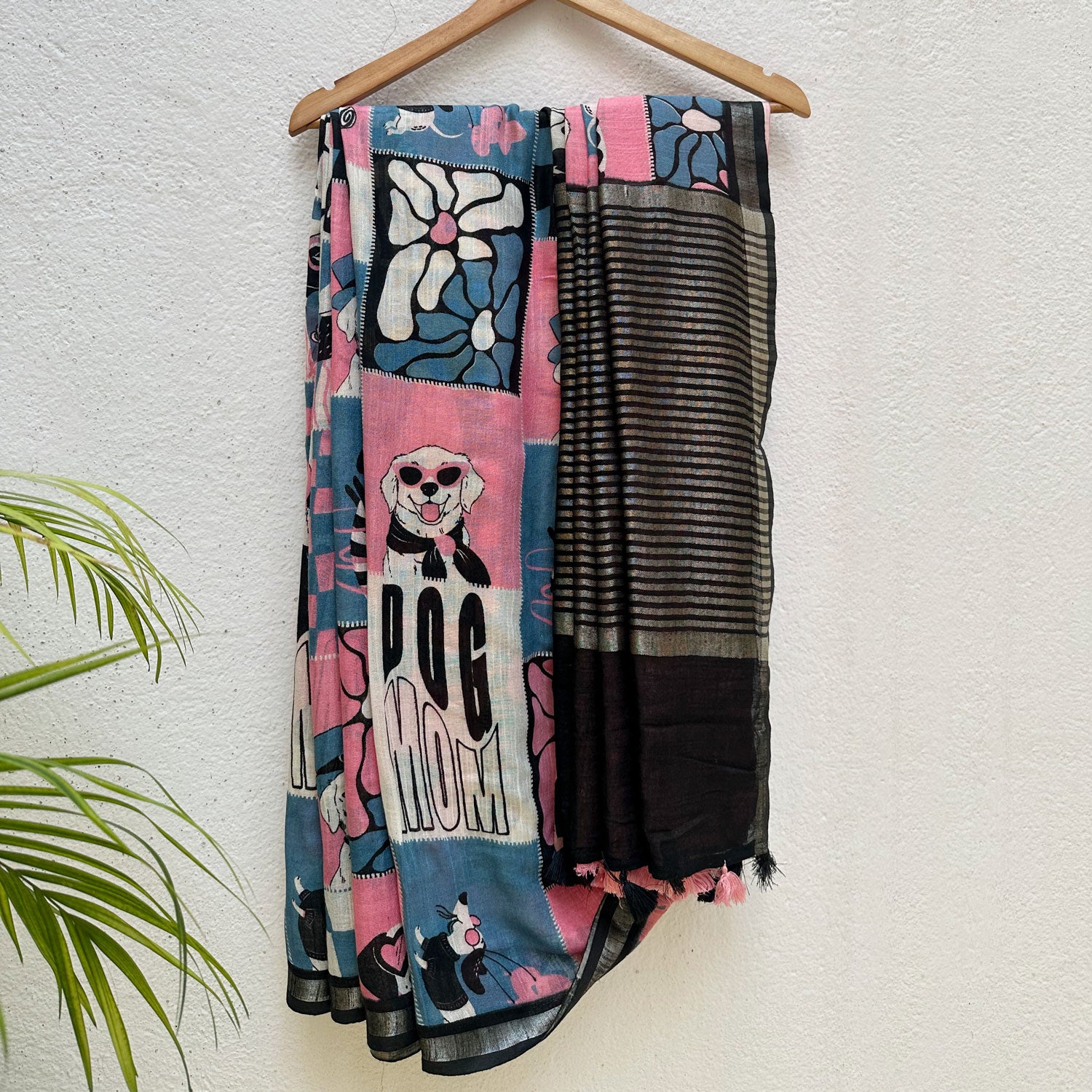 Dog Mom Actually pink blue patchwork dog print saree with illustrated dog panels and black zari pallu, Zoomies Collection Thread Weavers
