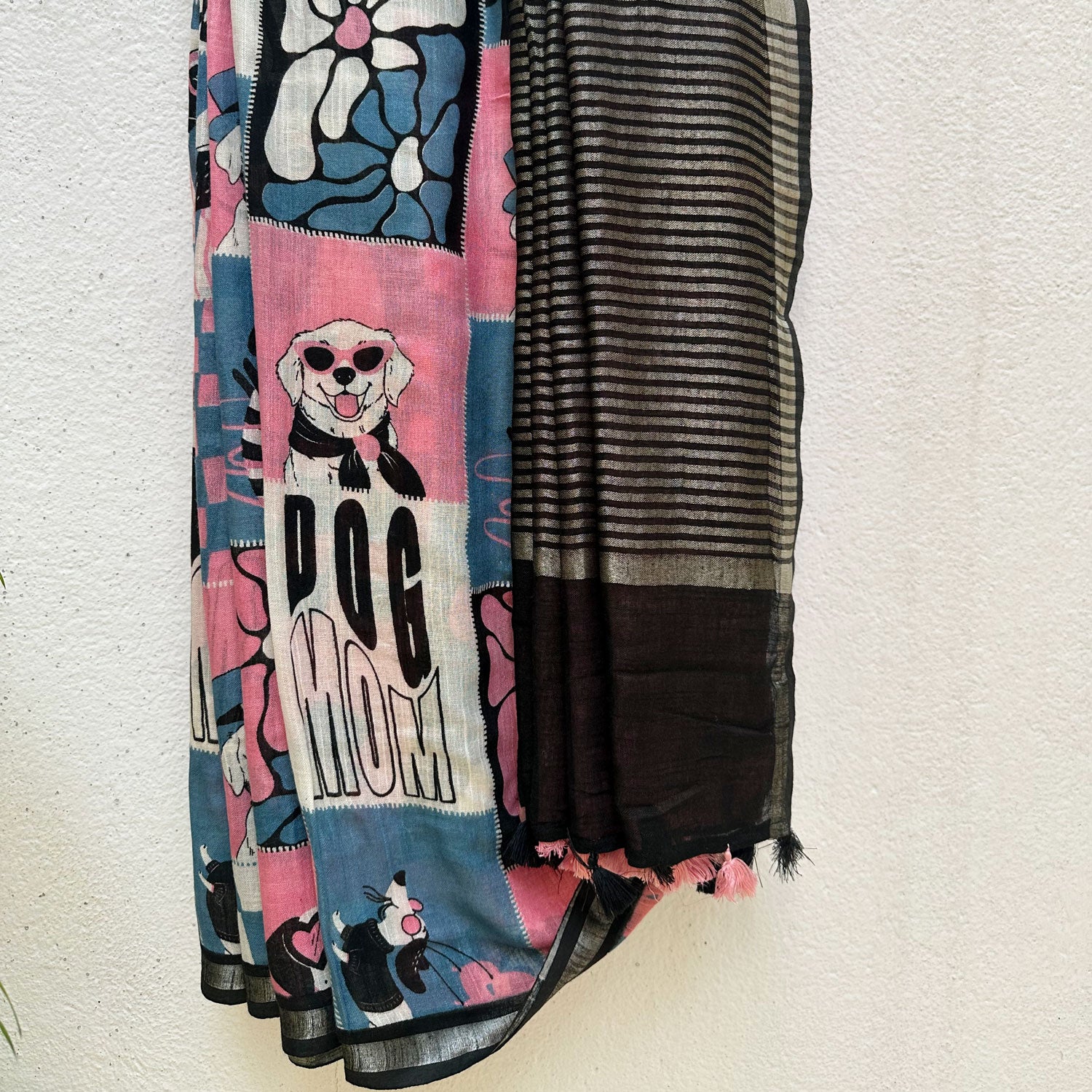 Dog Mom Actually pink blue patchwork dog print saree with illustrated dog panels and black zari pallu, Zoomies Collection Thread Weavers