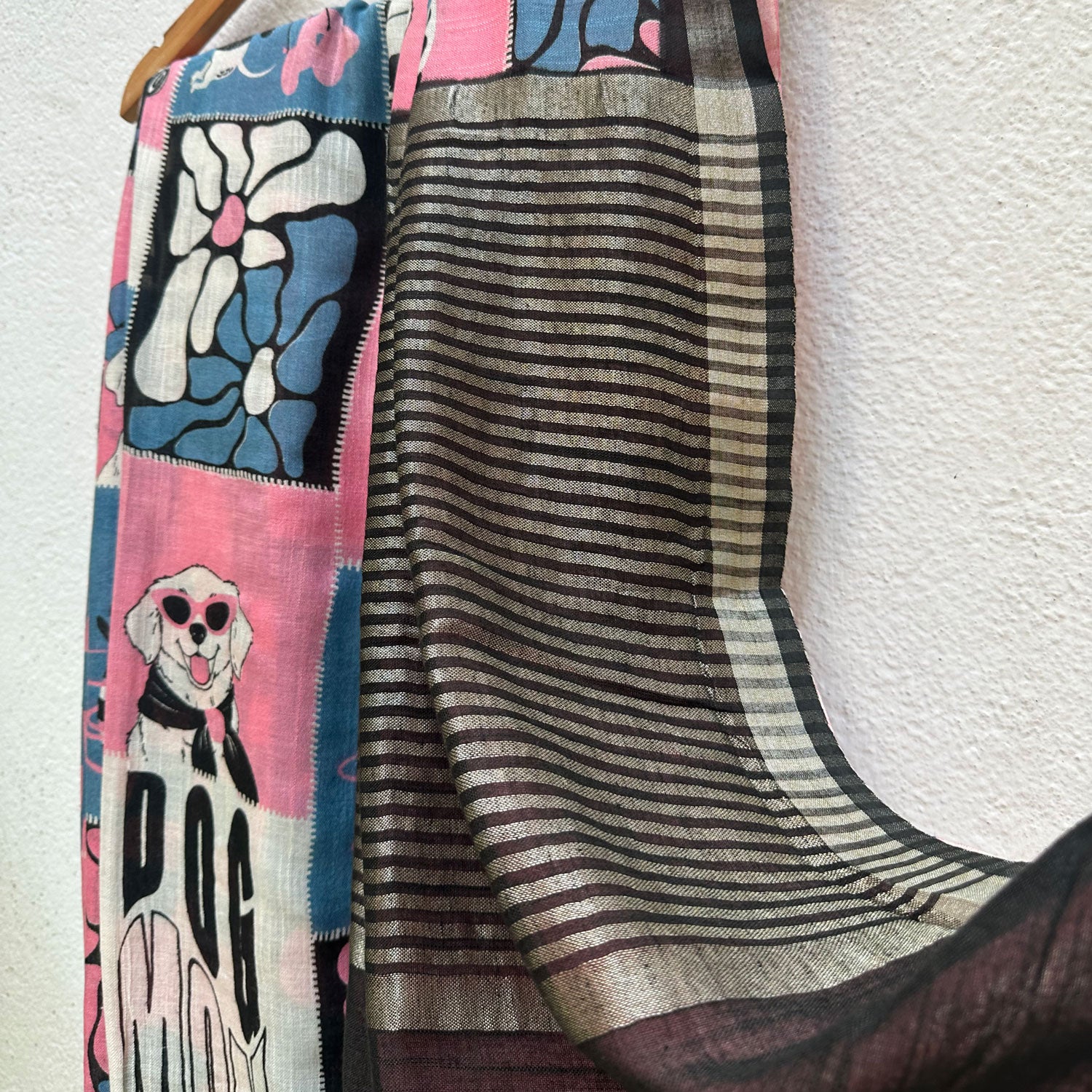 Dog Mom Actually pink blue patchwork dog print saree with illustrated dog panels and black zari pallu, Zoomies Collection Thread Weavers