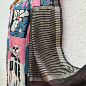 Dog Mom Actually pink blue patchwork dog print saree with illustrated dog panels and black zari pallu, Zoomies Collection Thread Weavers