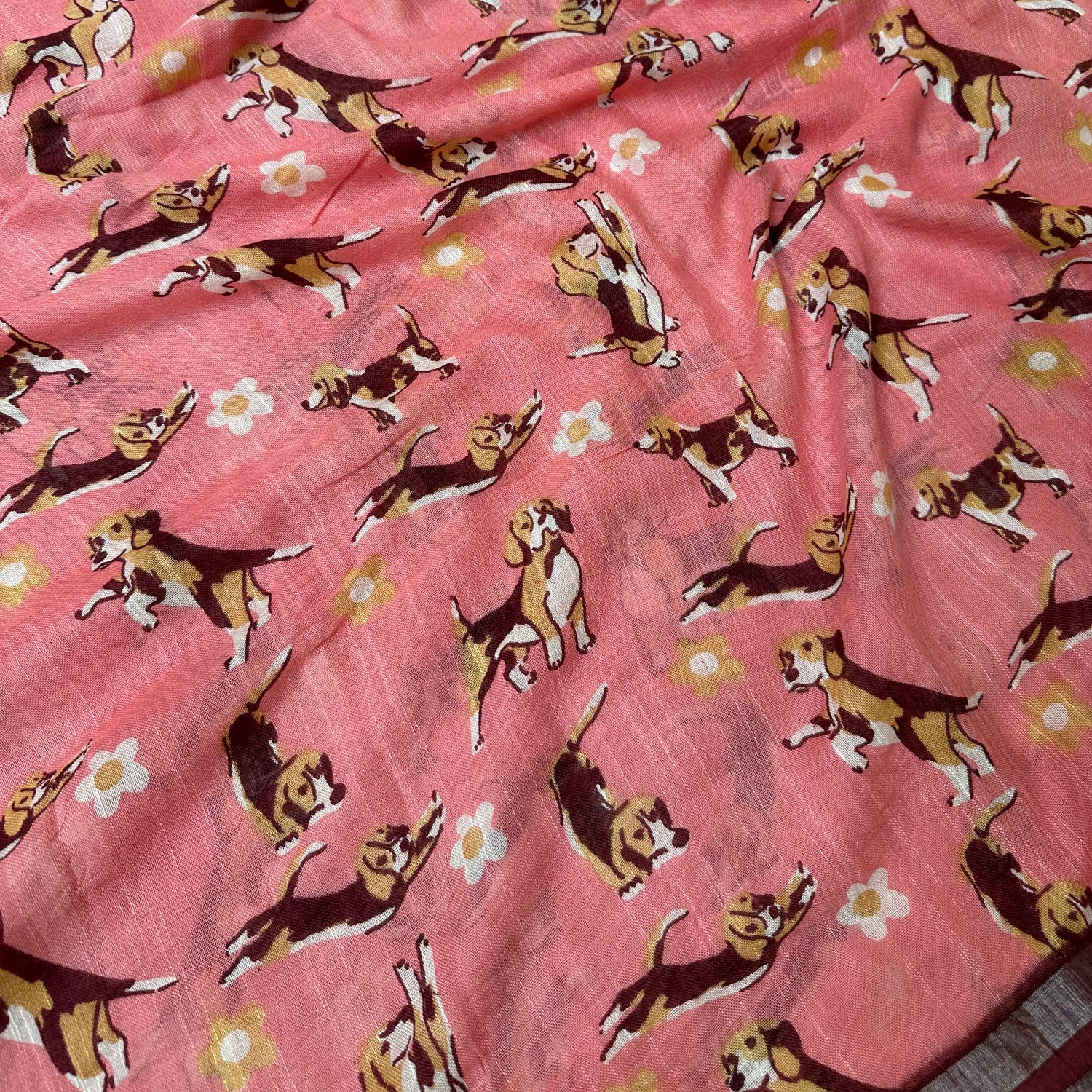 Ears First coral cotton beagle print saree closeup with daisy florals and dark maroon zari pallu, Zoomies Collection by The Thread Weavers