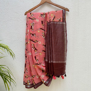 Ears First coral cotton beagle print saree with daisy florals and dark maroon zari pallu, Zoomies Collection by The Thread Weavers