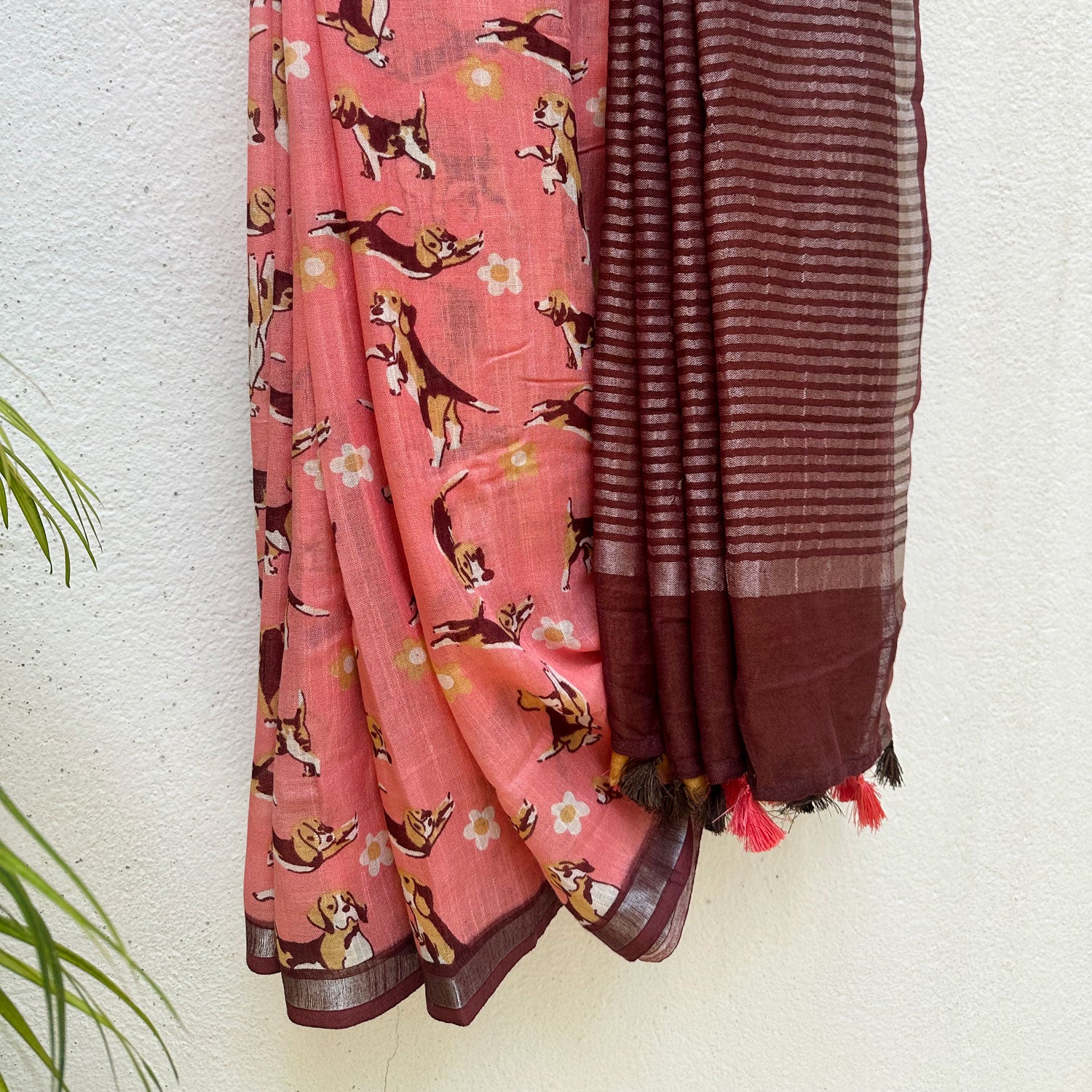 Ears First coral cotton beagle print saree with daisy florals and dark maroon zari pallu, Zoomies Collection by The Thread Weavers