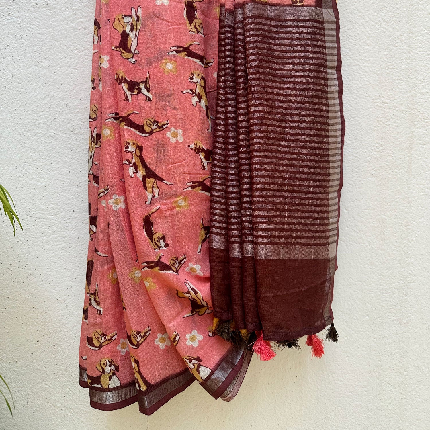 Ears First coral cotton beagle print saree with daisy florals and dark maroon zari pallu, Zoomies Collection by The Thread Weavers