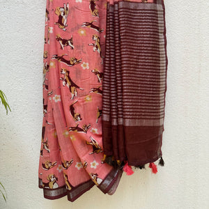 Ears First coral cotton beagle print saree with daisy florals and dark maroon zari pallu, Zoomies Collection by The Thread Weavers