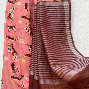 Ears First coral cotton beagle print saree with daisy florals and dark maroon zari pallu, Zoomies Collection by The Thread Weavers