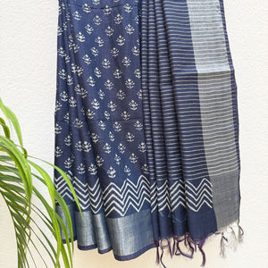 Ekakanya Indigo Hand Block Cotton Silk Saree