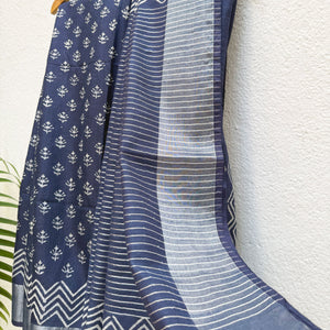 Ekakanya Indigo Hand Block Cotton Silk Saree