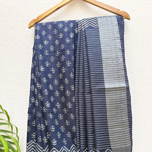 Ekakanya Indigo Hand Block Cotton Silk Saree