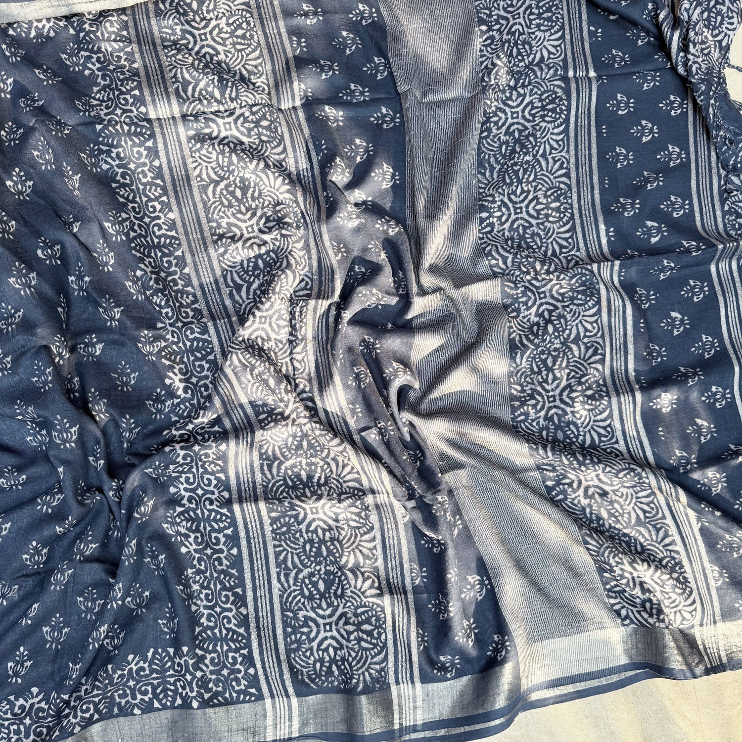 Ekansh Indigo Hand Block Cotton Linen Saree