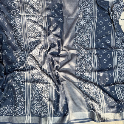 Ekansh Indigo Hand Block Cotton Linen Saree