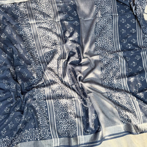 Ekansh Indigo Hand Block Cotton Linen Saree