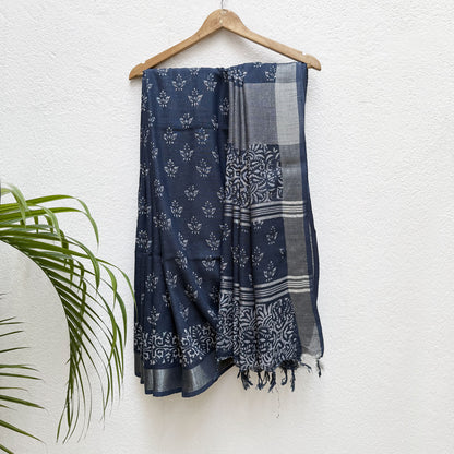 Ekansh Indigo Hand Block Cotton Linen Saree