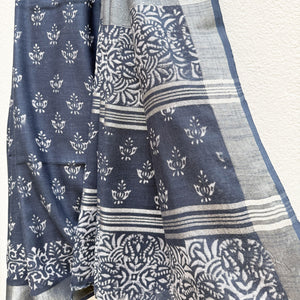Ekansh Indigo Hand Block Cotton Linen Saree