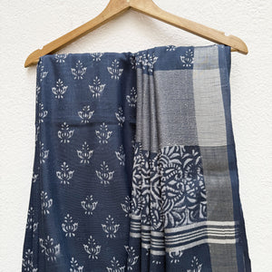 Ekansh Indigo Hand Block Cotton Linen Saree