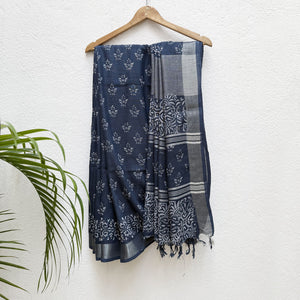 Ekansh Indigo Hand Block Cotton Linen Saree