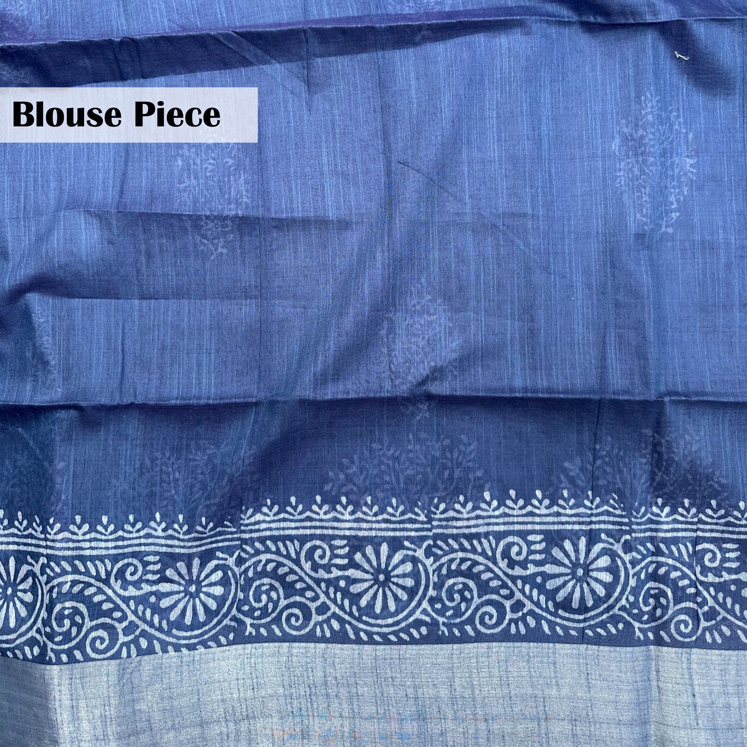 Hand block print indigo cotton silk saree with vine scroll border  and plain blouse piece – The Thread Weavers