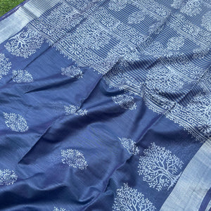 Closeup of Tree of Life hand block print in two scales on indigo cotton silk – Ekansh by The Thread Weavers