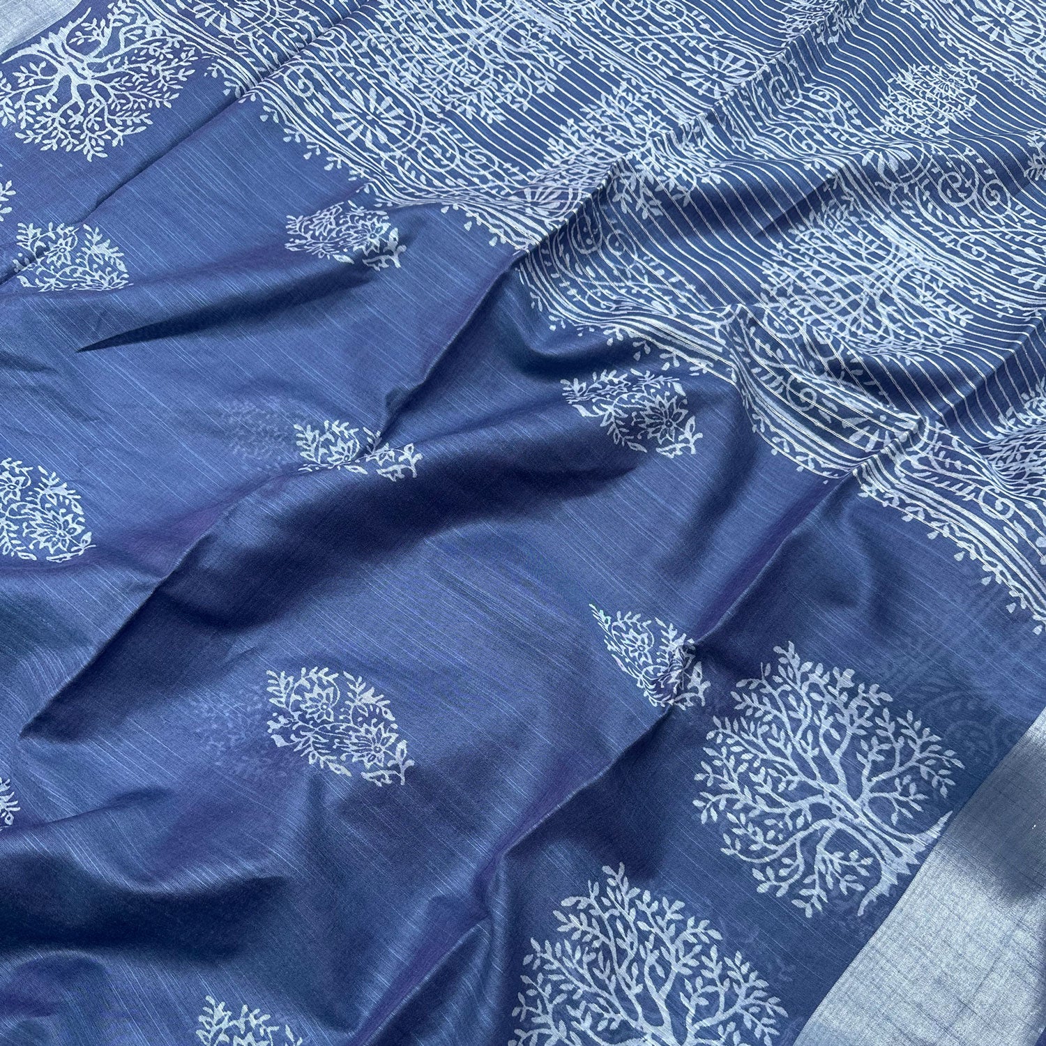 Closeup of Tree of Life hand block print in two scales on indigo cotton silk – Ekansh by The Thread Weavers