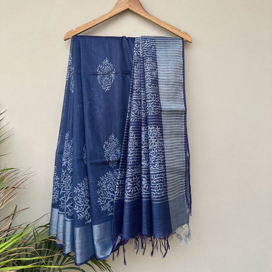 Tree of Life hand block print indigo cotton silk saree with vine scroll border - The Thread Weavers