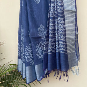 Tree of Life hand block print indigo cotton silk saree with vine scroll border – The Thread Weavers