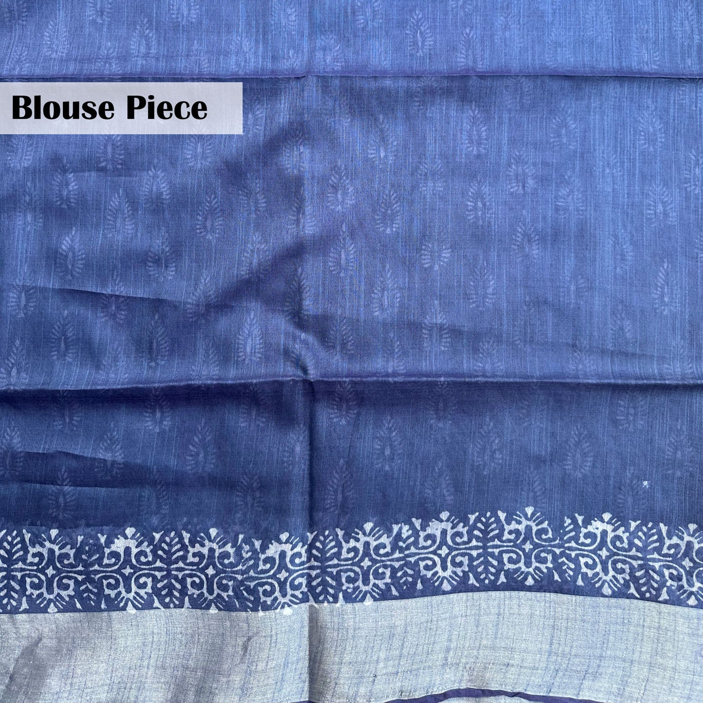 Blouse piece with floral arabesque border block print on indigo cotton silk – Ekkanya
