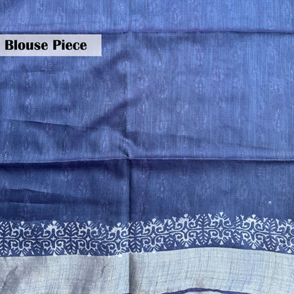 Blouse piece with floral arabesque border block print on indigo cotton silk – Ekkanya