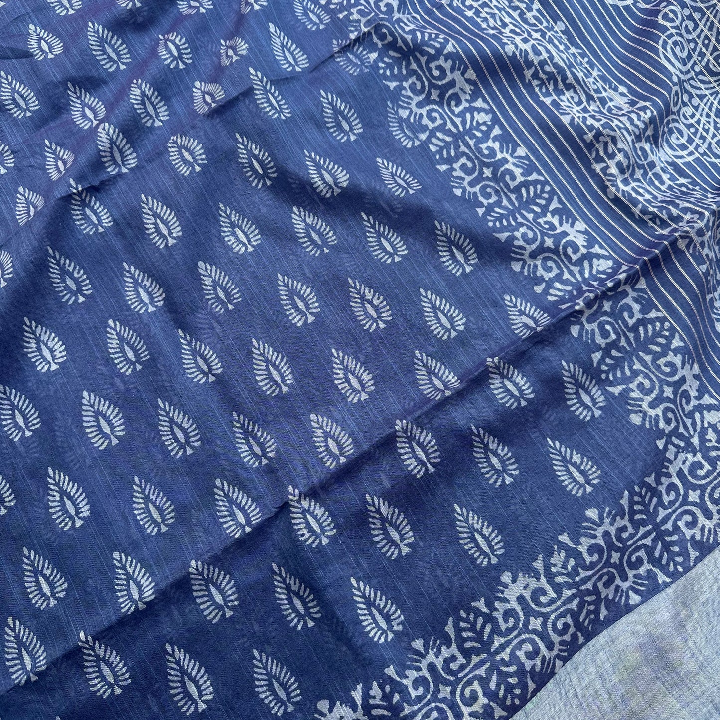 Closeup of hand block print indigo cotton silk saree with arabesque border – The Thread Weavers