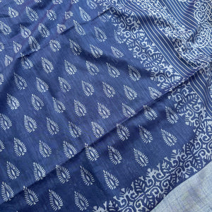 Closeup of hand block print indigo cotton silk saree with arabesque border – The Thread Weavers