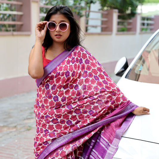Flower Power Printed Organic Linen Saree