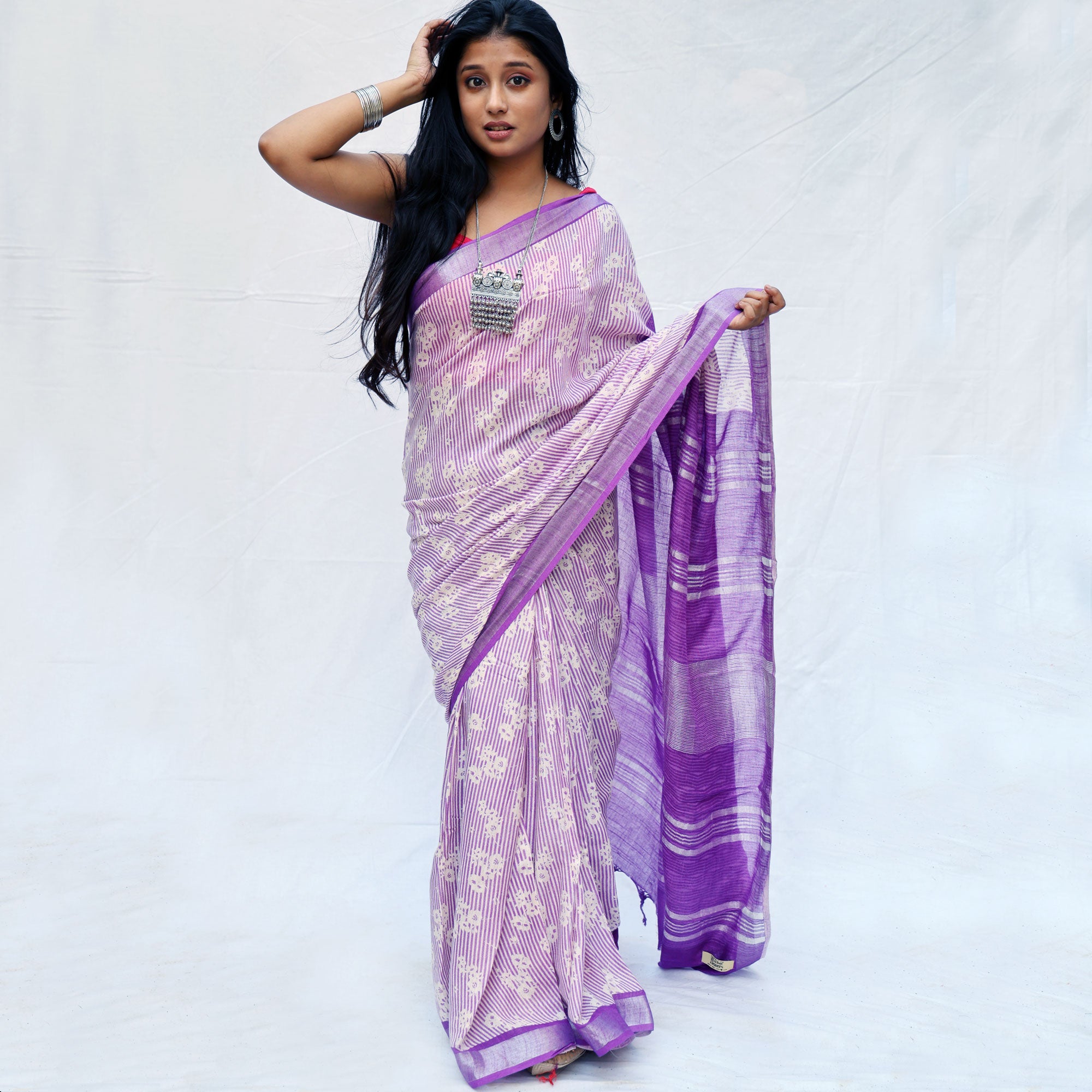 French Riviera Printed Organic Linen Saree