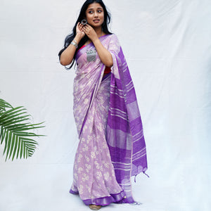 French Riviera Printed Organic Linen Saree
