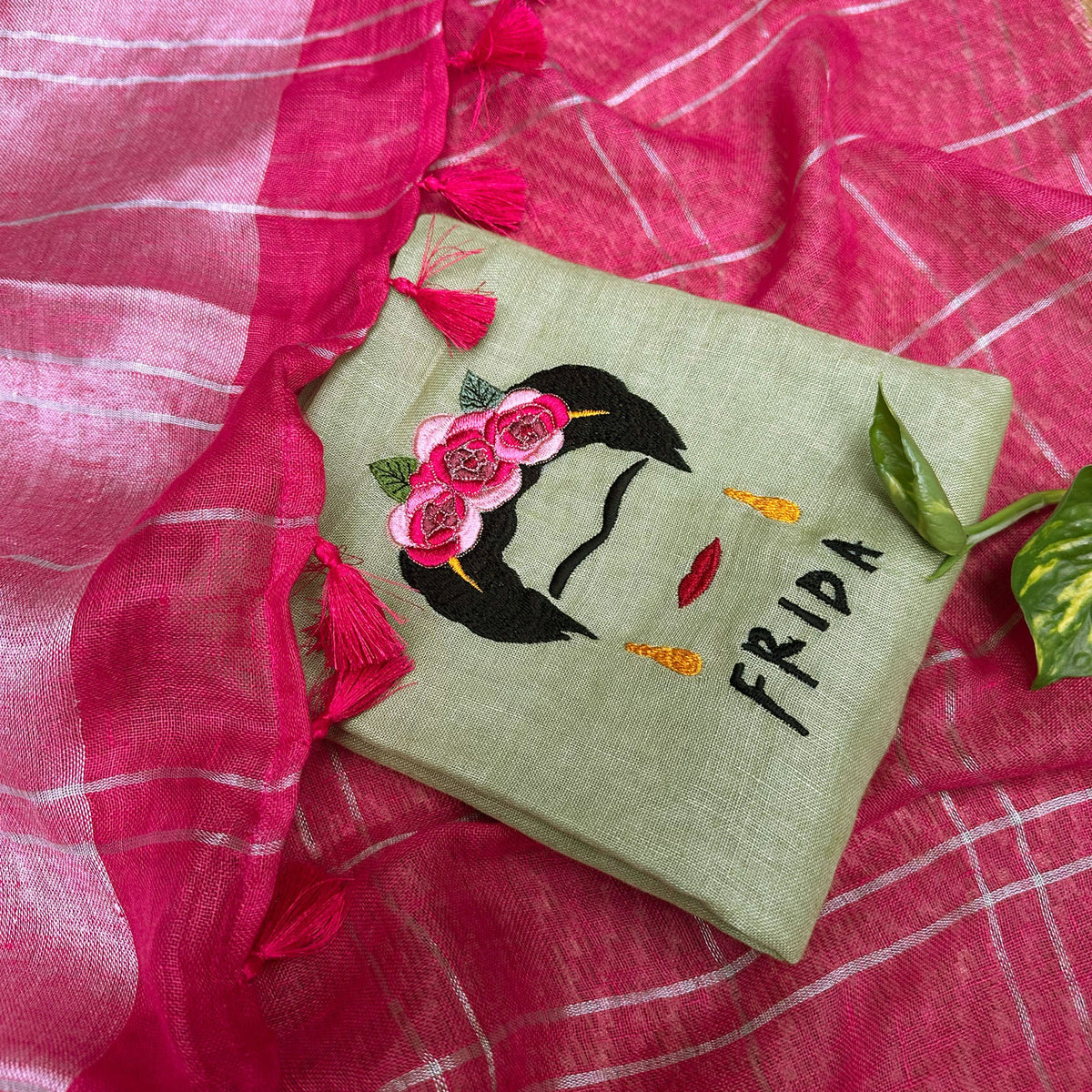 Frida in her Fire Check Pure Linen Saree with Embroidered Blouse Piece
