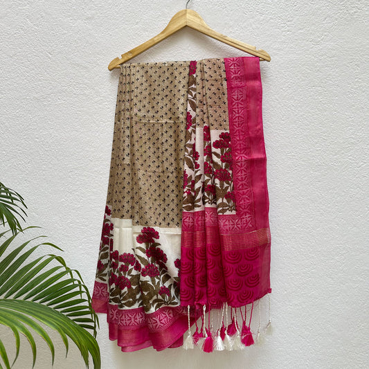 Fuchsia Overglow Handblock Cotton Viscose Silk Saree