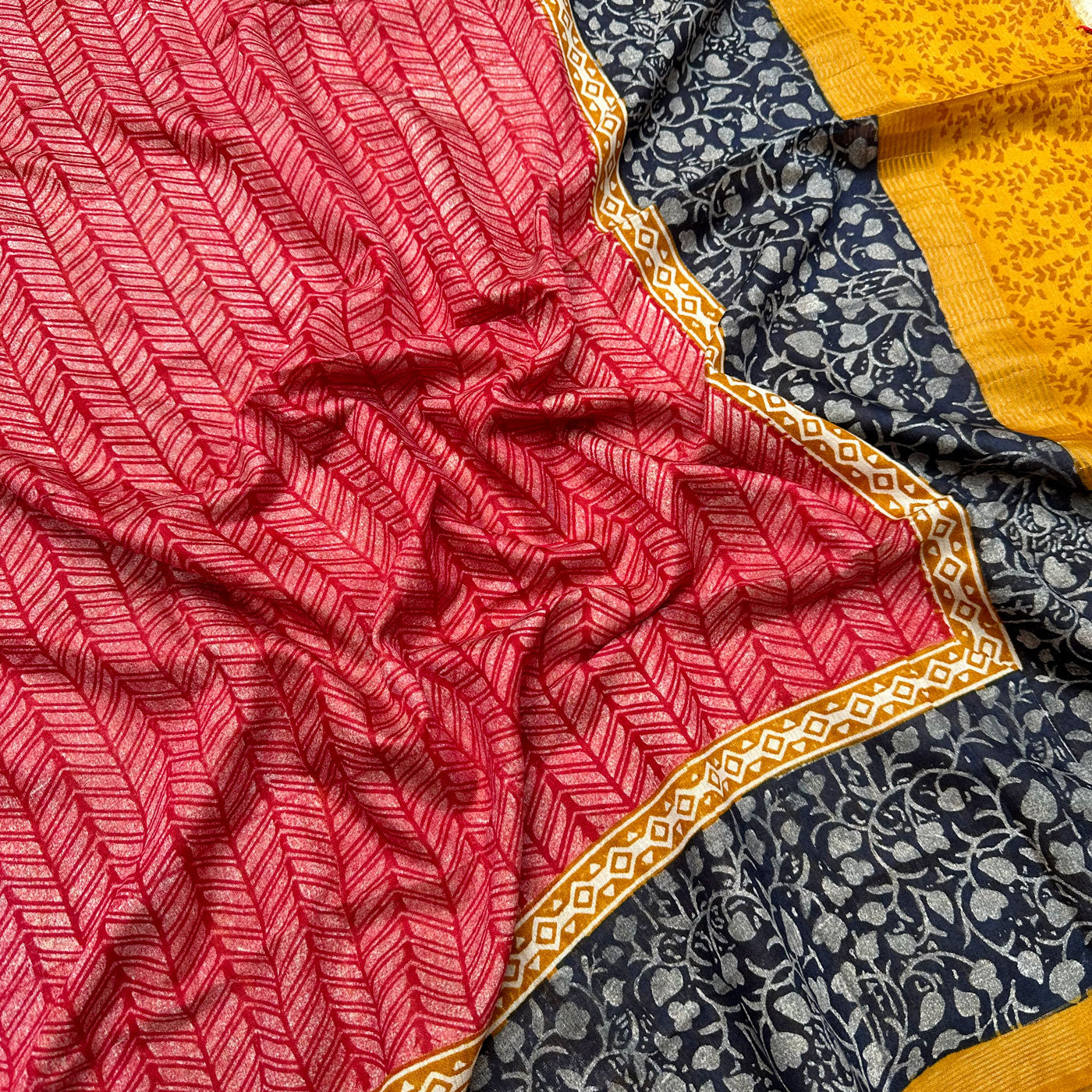 Geranium Handblock Cotton Viscose Silk Saree