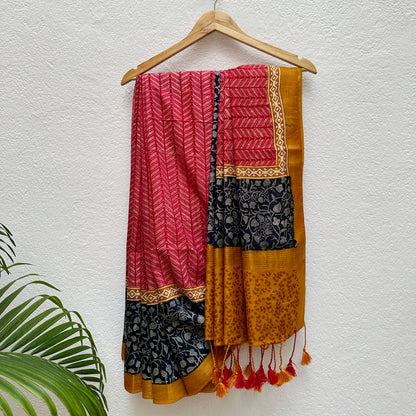Geranium Handblock Cotton Viscose Silk Saree