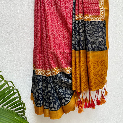 Geranium Handblock Cotton Viscose Silk Saree
