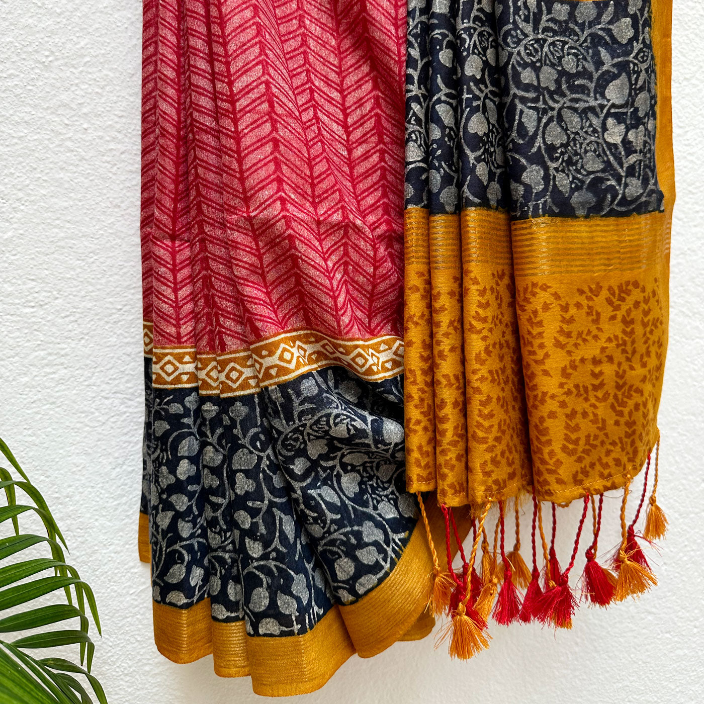 Geranium Handblock Cotton Viscose Silk Saree
