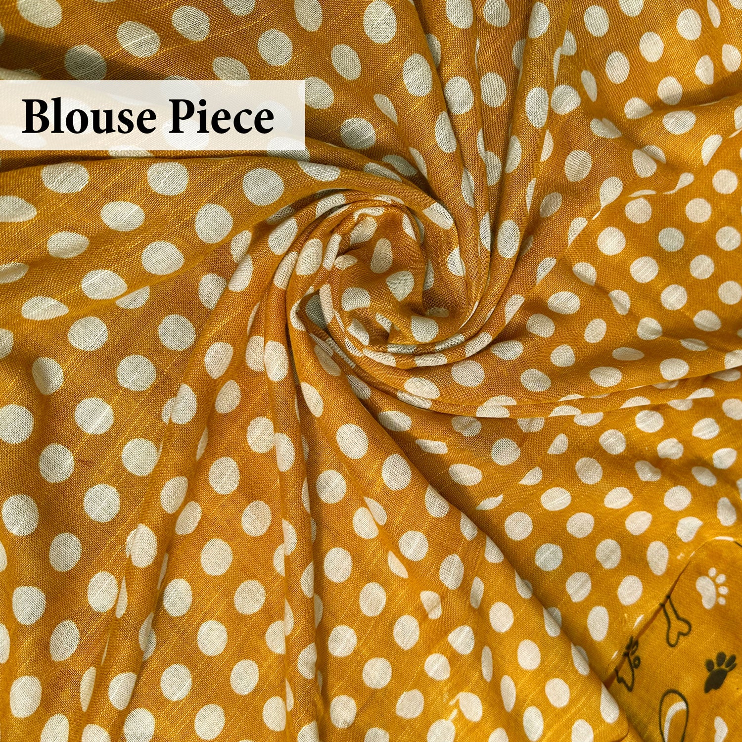 Golden Paws mustard cotton dog print saree with polka blouse piece, Zoomies Collection