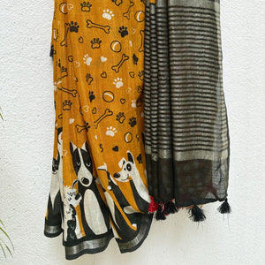 Golden Paws mustard cotton dog print saree with paw print bone motifs, illustrated dog border and black zari pallu, Zoomies Collection