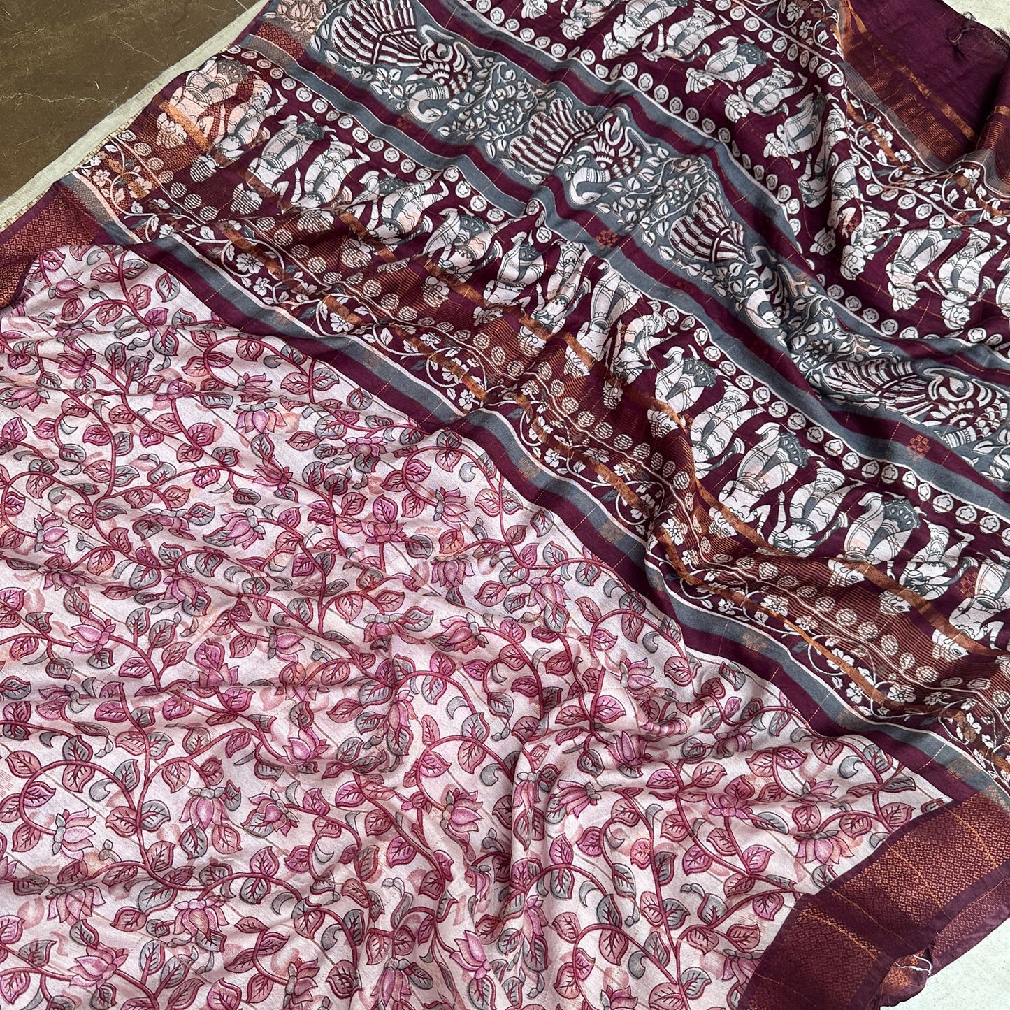 Gulaabi Kalamkari Cotton Silk Printed Saree
