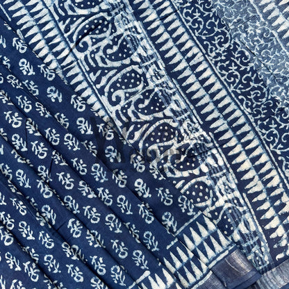 Gulbahaar Indigo Hand Block Cotton Linen Saree