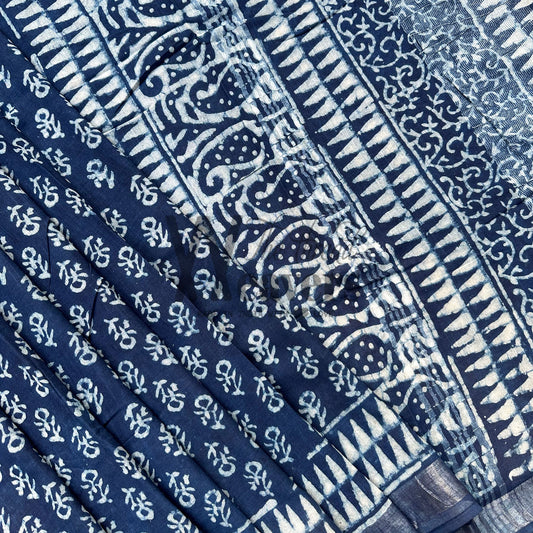 Gulbahaar Indigo Hand Block Cotton Linen Saree
