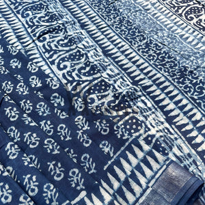 Gulbahaar Indigo Hand Block Cotton Linen Saree