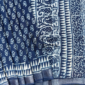 Gulbahaar Indigo Hand Block Cotton Linen Saree