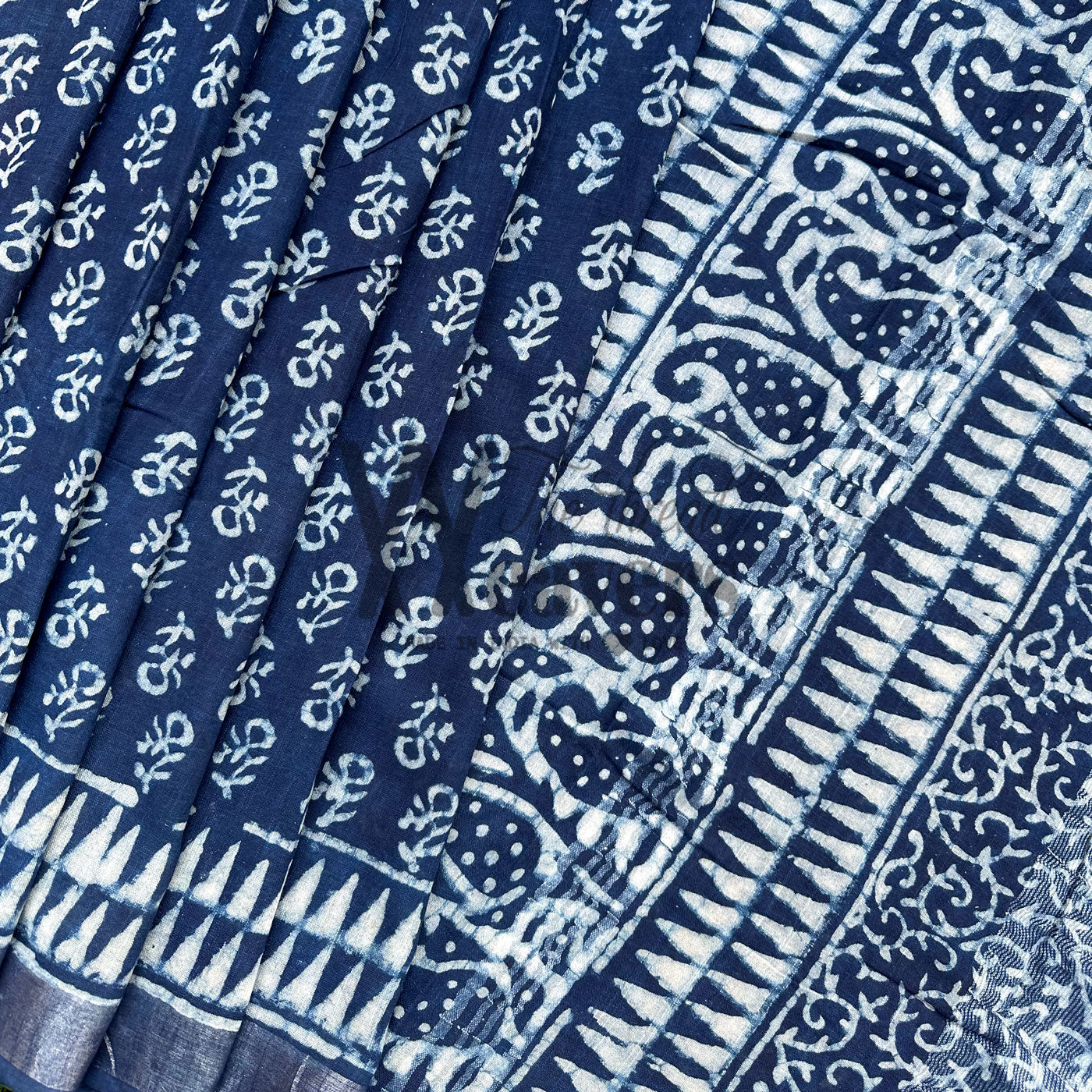 Gulbahaar Indigo Hand Block Cotton Linen Saree