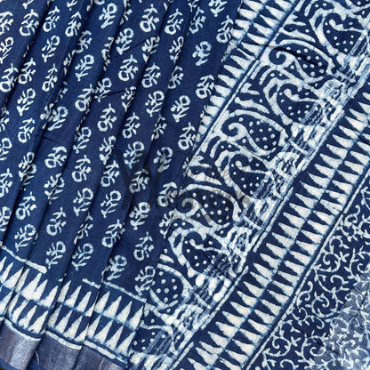Gulbahaar Indigo Hand Block Cotton Linen Saree