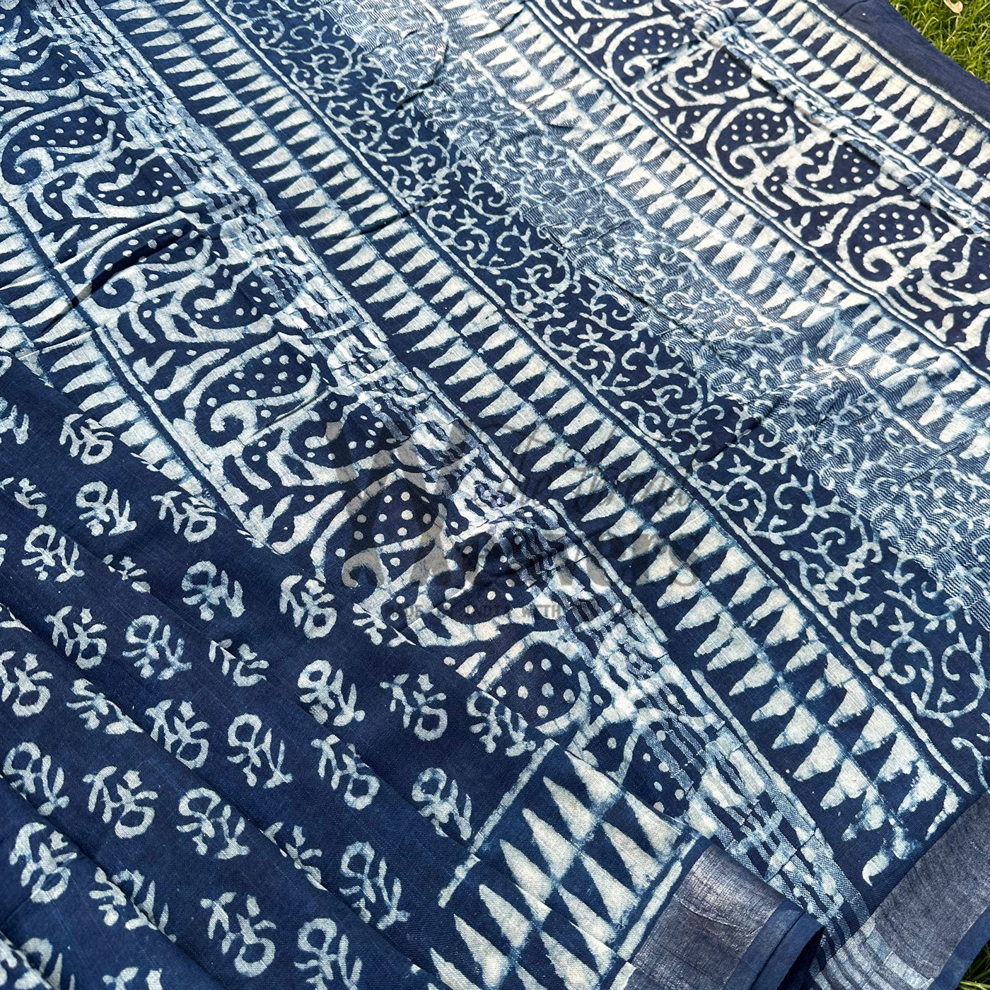 Gulbahaar Indigo Hand Block Cotton Linen Saree